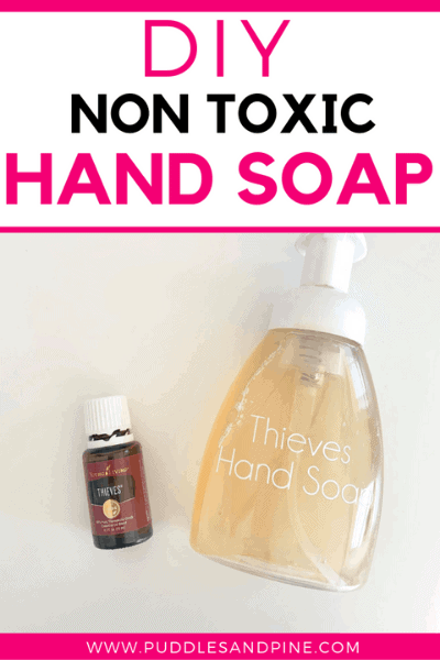 This DIY non toxic foaming hand soap is so awesome, it works just as well if not better than other store bought toxic alternatives. I experimented with all kinds of recipes for homemade foaming hand soaps when I was learning how to replace toxic household products with healthier, all natural, versions. Keep reading to learn how to make this foaming hand soap with essential oils! #handsoap #soap #foaminghandsoap #essentialoils #thieves 