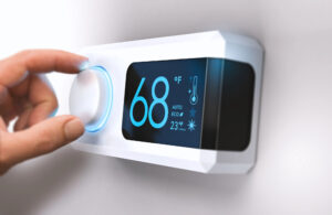 A person's hand is touching the digital thermosta on the wall.