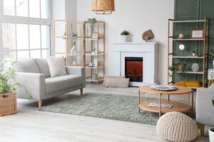 Interior of living room with electric fireplace and sofa