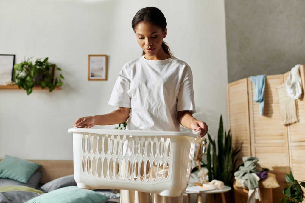 Woman sorting laundry in a bedroom.