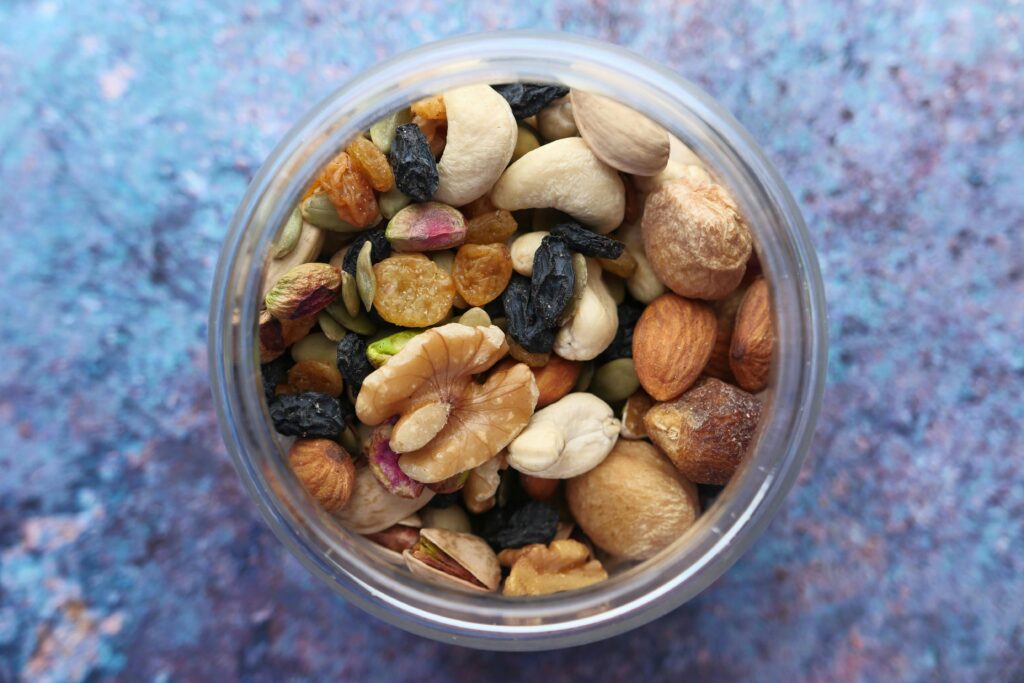 Cup of dried fruit and nuts.