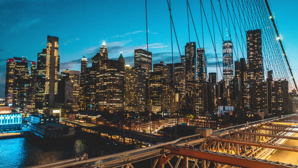 Manhattan skyline at sunset.