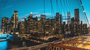 Manhattan skyline at sunset.