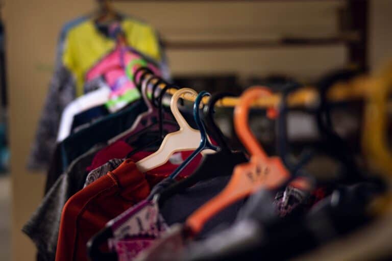 Clothing on a rack.